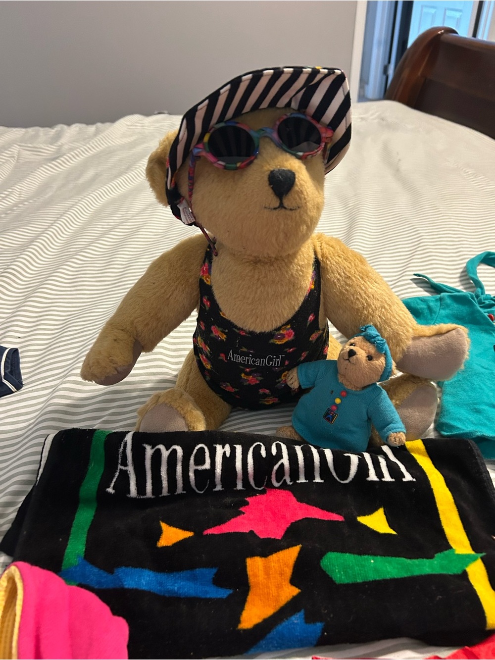American Girl Miss AG Bear with Baby Bear, six outfits plus 3 knitted sweaters